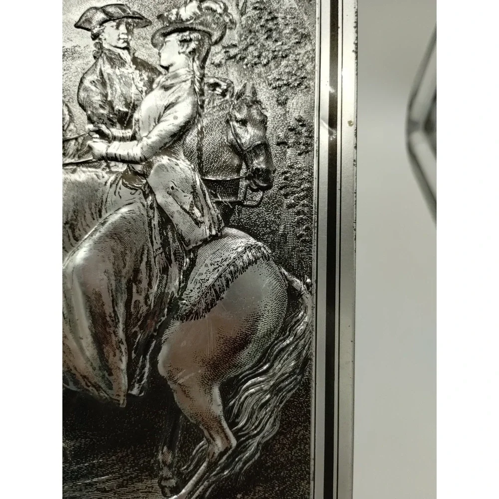 Vintage Biscuit Tin Box Embossed Colonial Equestrian Forest Theme Silver Toned